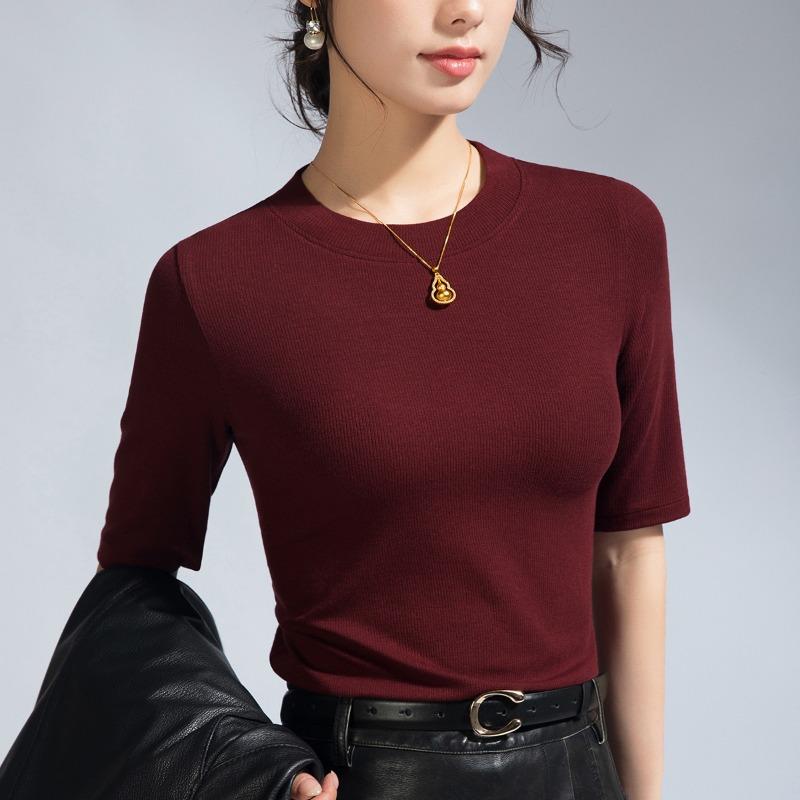 

Summer new merino wool bottoming shirt women s inner cover front shoulder middle sleeve slim-fitting five-quarter sleeve top M
