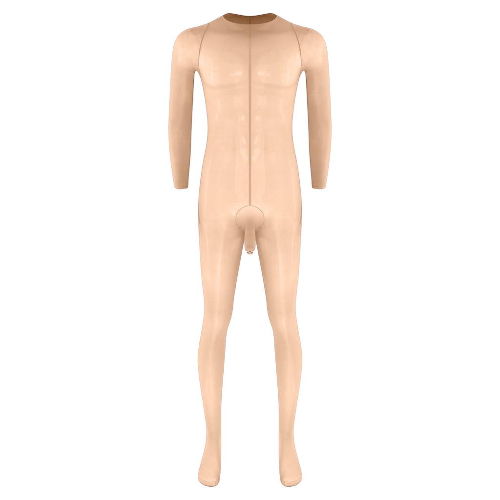 Herren Glänzender Fußbodysuit Jumpsuit Rundhalsausschnitt Langarm Scheide Öffnung Sehr Dehnbar Glänzend Nachtwäsche