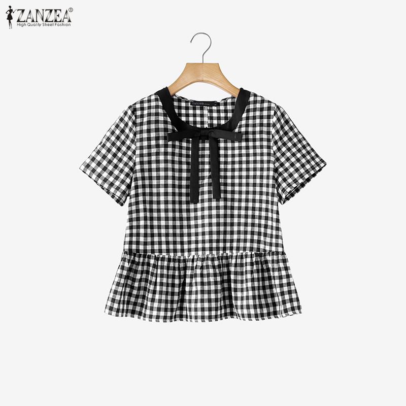 ZANZEA Summer Women Short Sleeve Plaid Print Ruffled Casual Blouse Shirts Tops S