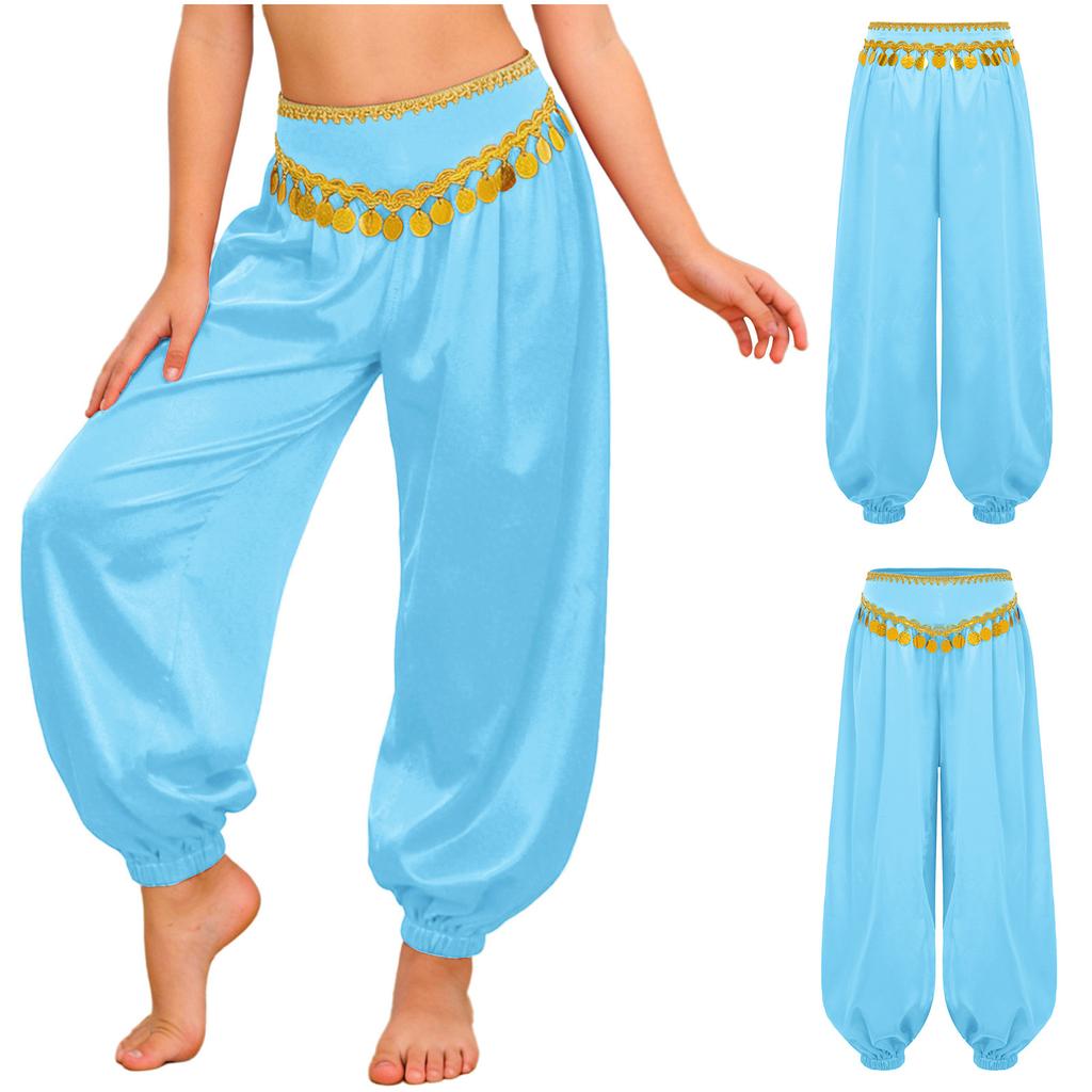 Kids Girls Belly Dance Bloomers Braid Trim Sequin Tassels Loose Pants Side Invisible Zipper for Halloween Theme Party Stage Performance