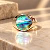 Round Abalone Shell Signet Ring, 925 Sterling Silver, Iridescent Boho Gemstone Jewelry