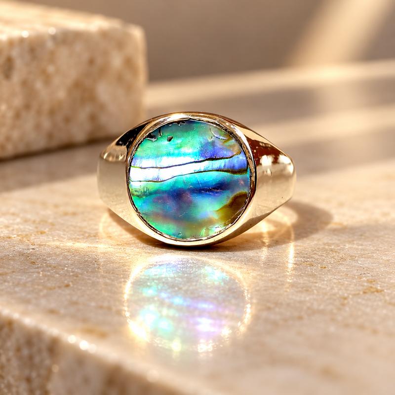 Round Abalone Shell Signet Ring, 925 Sterling Silver, Iridescent Boho Gemstone Jewelry