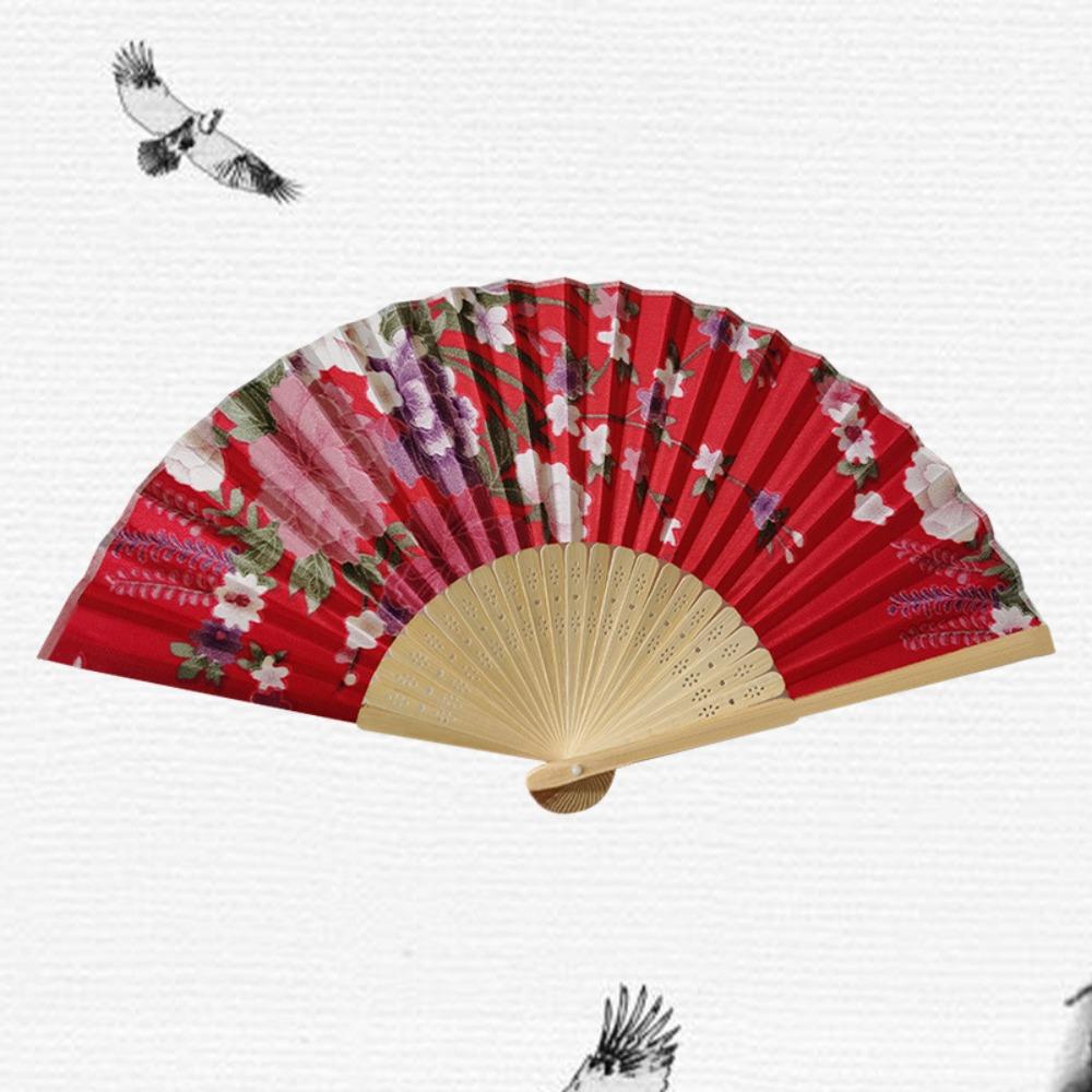 Silk Material Chinese Folding Fan Bamboo Wood Flower Pattern Silk Fan Artificial Silk Folding Design Art Craft Fan