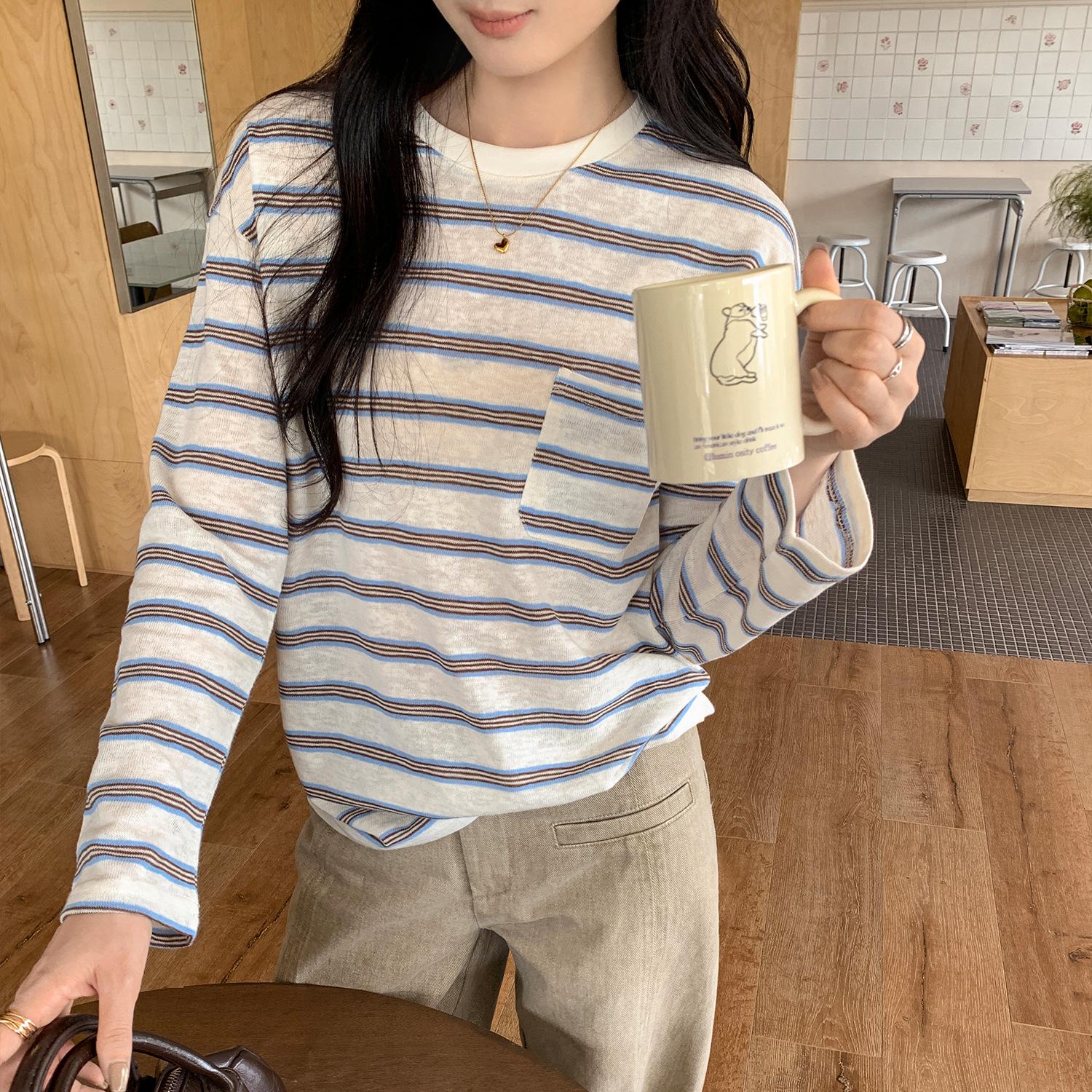 

Women s 2025 Korean Striped Slim-Fit Long Sleeve Casual T-Shirt for Autumn/Winter Extra Large