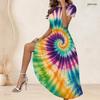 Women Plus Size Round Neck Short Sleeve Gathered Waist Green Gold Leaf Printed A Line Long Dress