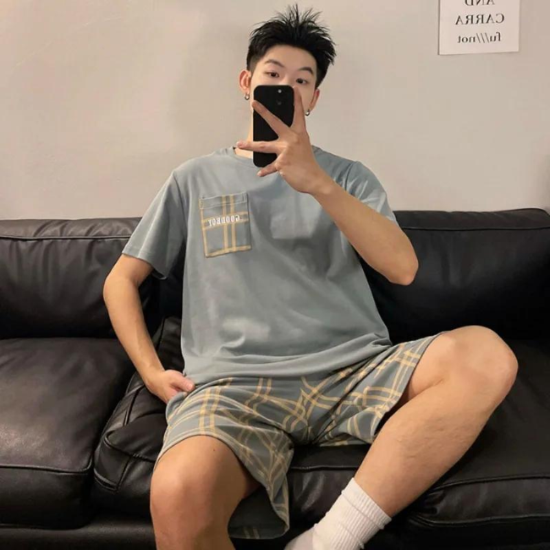 High-Quality Cotton  Men Pajamas Set O-Neck Young Students Homewear Simple Solid Letters Striped Sleepwear Loungewear