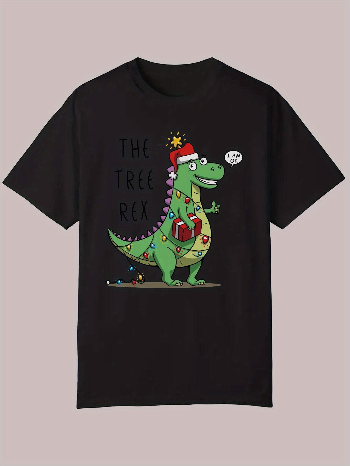 Black Casual Short Sleeve T-shirt - Christmas Dinosaur Santa Hat & Lights Graphic S