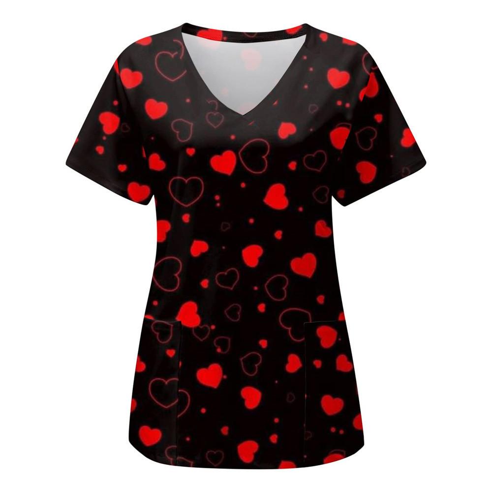 Women's T-shirt V-neck Nurse Uniform Casual Short Sleeved Women's Printed Heart T-shirt