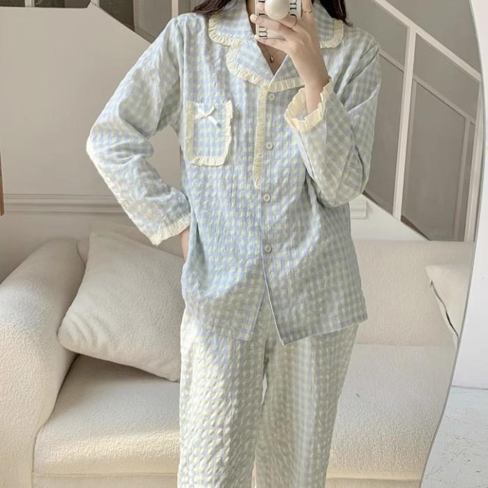 Women's Pajamas New Autumn Spring Long Sleeve Soft Sleepwear Set Striped Cartoon Pyjama Woman Home Nightwear Set Cardigan