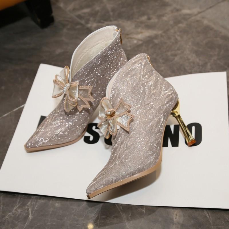 Fashion Autumn New Thin Heel Single Boots Women's Fashion Pointy Rhinester Butterfly Knot Temperament Short Leg High Heels