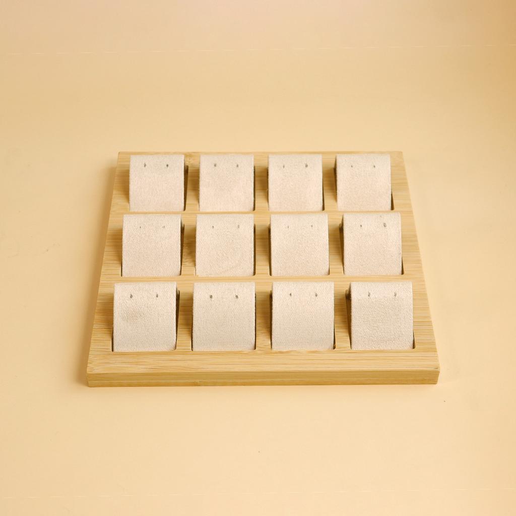 Bamboo Wood Earrings Display Stand DIY Velvet PU Leather Jewelry Storage Tray for Window Counter Props Show