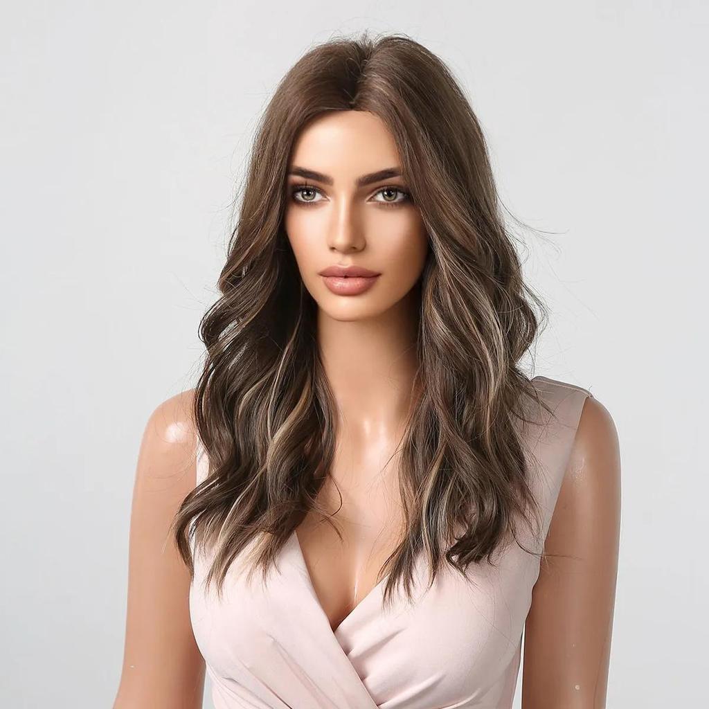 ALAN EATON Omber Brown Wavy  Layered Synthetic Wigs with Curtain Bangs Long Wave Wigs for Women Daily Use Heat Resistant Hair
