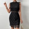 Women's High Neck Sleeveless Lace Bodycon Mini Dress Scallop Hem Party Dress