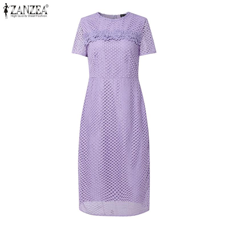 ZANZEA Women Elegant Casual Lace Patchwork Summer Short Sleeve Sheath Dress