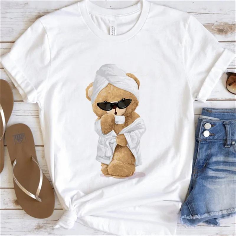 Cute Bear Print Shirts White Fashion Women T-Shirts Harajuku Kawaii Clothes Short Sleeve Summer Tees Casual Female Tops O-Neck