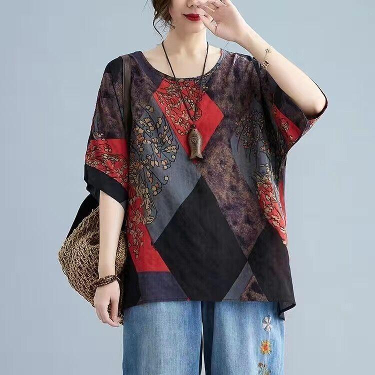 Cotton and Linen Plus Size Women's Summer Literary Retro Round Neck Printed Shirt Fashion Bat Sleeve Short Shirt Loose Top