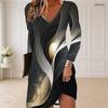Damen Plus Size V-Ausschnitt Langarm Bunt gesprenkelt bedrucktes Kleid mit geschwungenem Saum