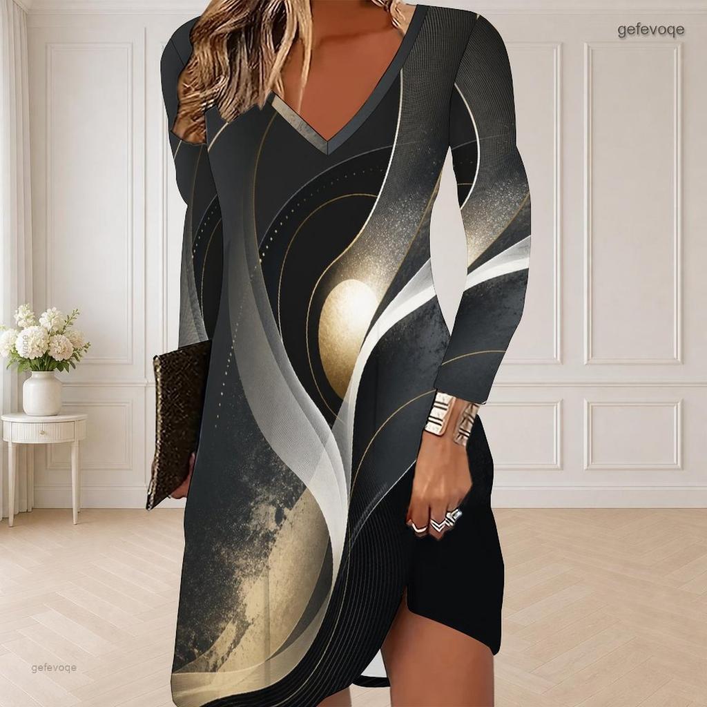 Damen Plus Size V-Ausschnitt Langarm Bunt gesprenkelt bedrucktes Kleid mit geschwungenem Saum
