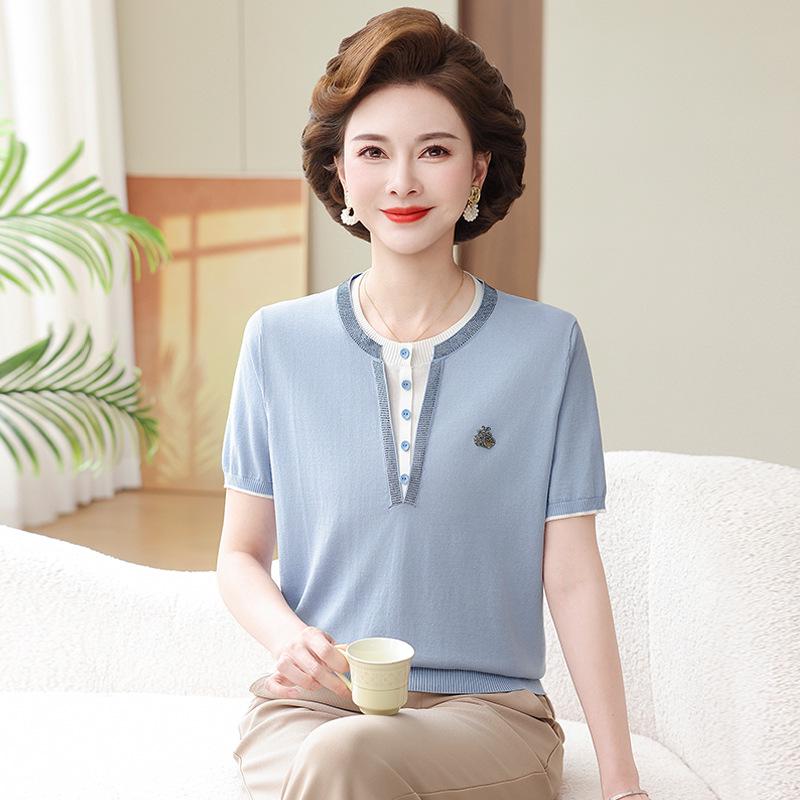 

2026 Elegant Ice Silk Knit Top for Middle-Aged Women: Short Sleeve Mulberry Silk for a Youthful Look 3XL (120-135kg)