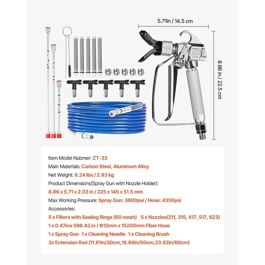 Airless Paint Spray Gun and Hose Kit, 3600PSI High Pressure Paint Sprayer Hose Set with 5 Tips, 211, 315, 417, 517, 623, Swivel Joint Airless Spray