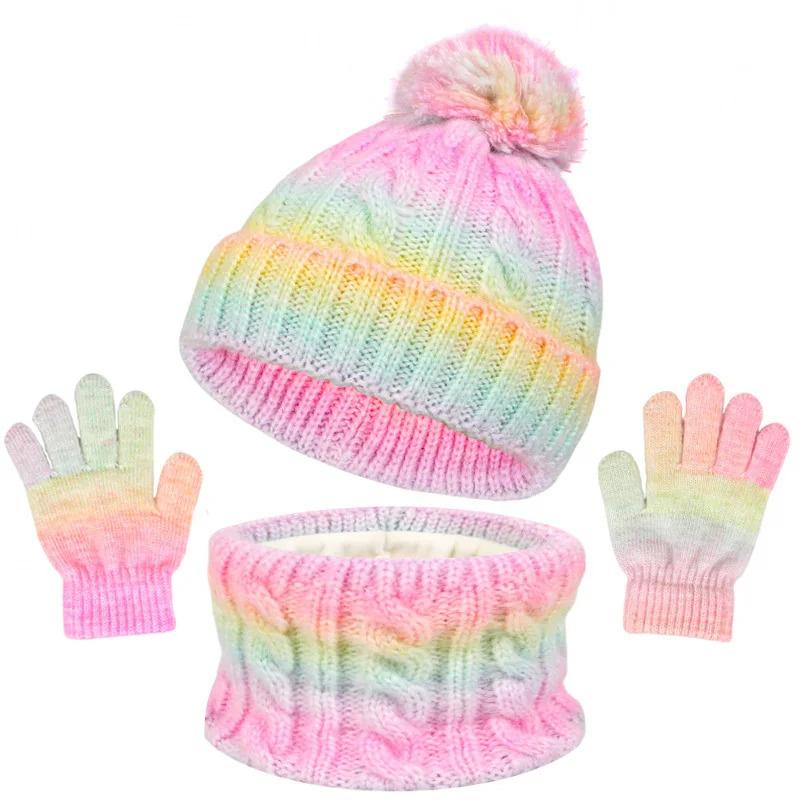 Kids Winter 3 Piece Acrylic Knit Hat Neck Warmer And Gloves Set Fleece Lined Pom Pom Beanie For Children Daily Outdoor Cold Weather Wear