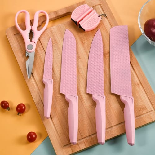 CHUYIREN Kitchen Knife Set, Pink Knife Set, High Carbon Stainless Steel Non-Stick Coated Chef Knife Set with Scissors and Sharpener for Women and Girl