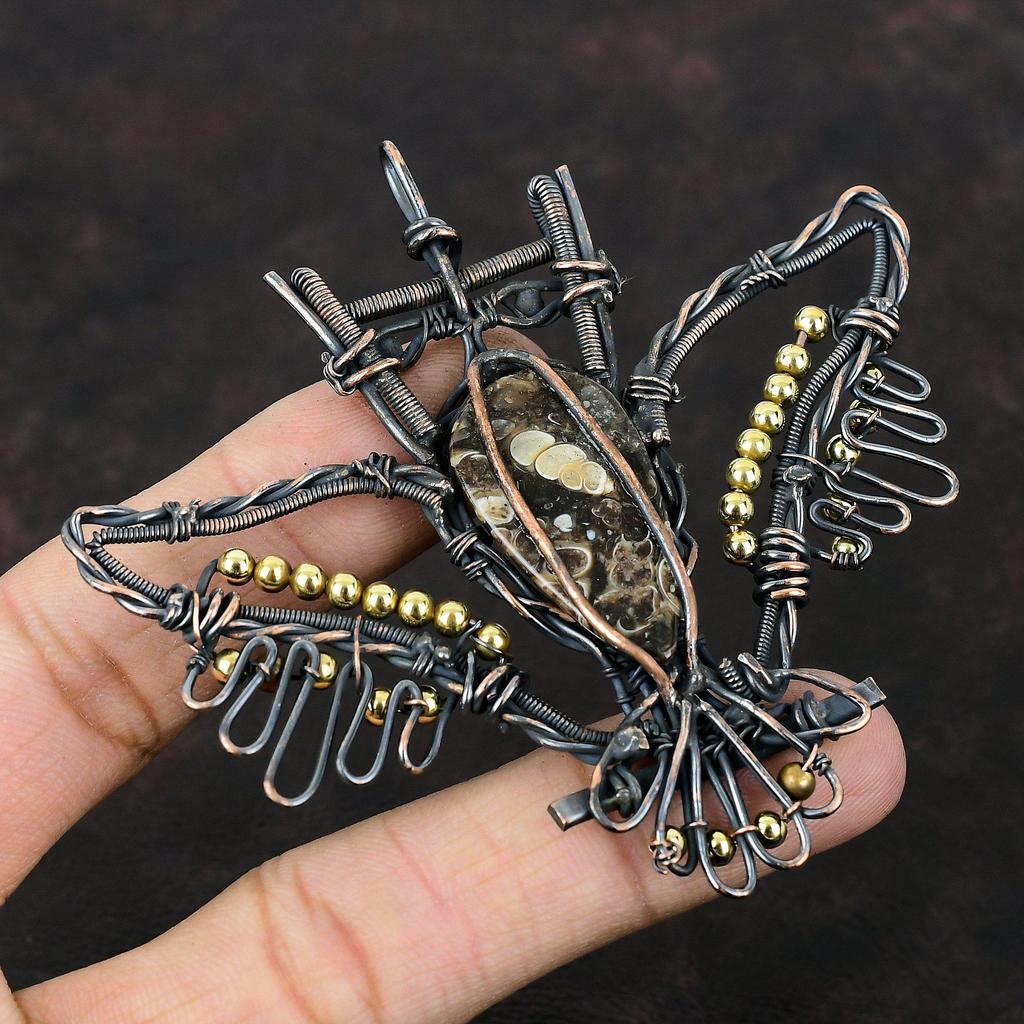 Turritella Agate Pendant Copper Wire Wrapped Pendant Gemstone Pendant Owl Pendant Handmade Copper Wire Jewelry Stylish Pendant Gift For Him