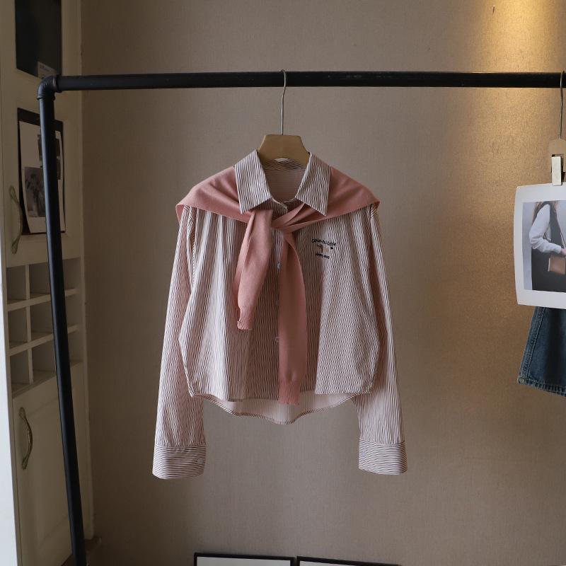 

Весна 2025 Женская вышитая полосатая рубашка с длинным рукавом и вязаная шаль (комплект) One Size