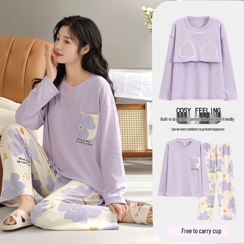 Women's Korean Style Cartoon Long Sleeve Casual Home Set with Chest Pads