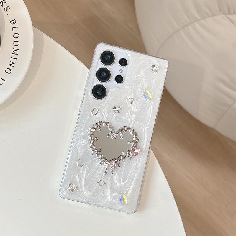 Drip Glue Water Diamond Love Mirror Phone Case for Samsung S25ultra Butterfly S24plus Love Gem A16
