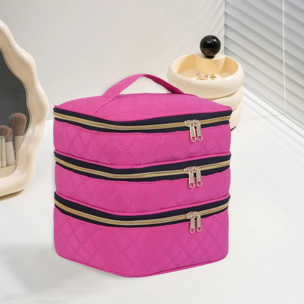 3-Layer Large Capacity Quilted Makeup Bag Organizer with Handles - Suitable for Travel and Home Organizer