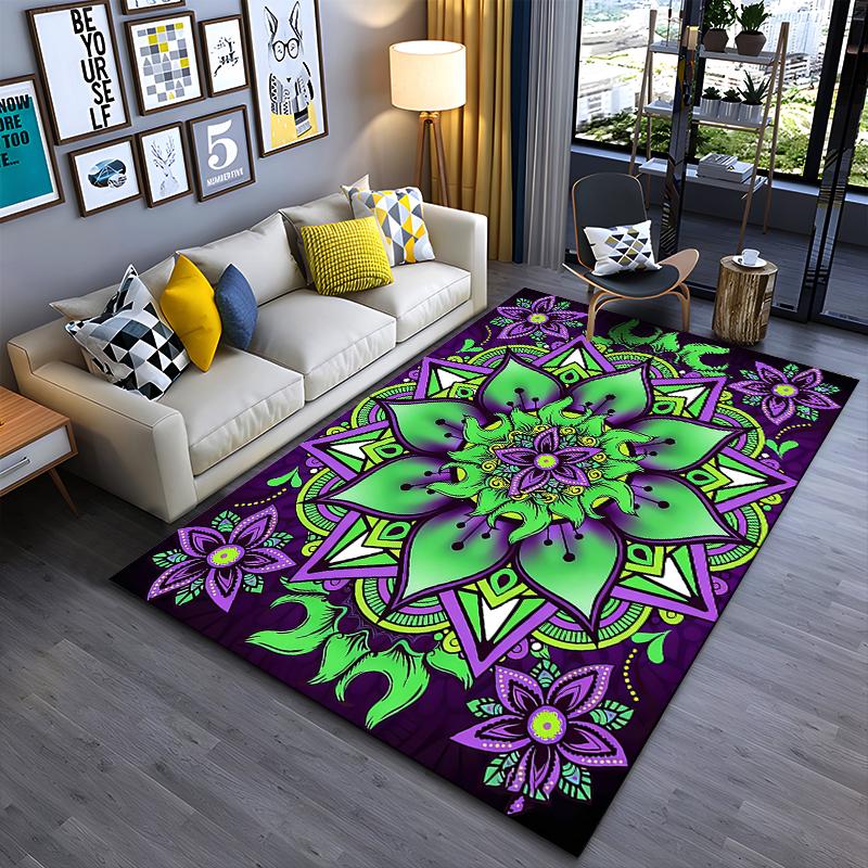 Colorful Mandala Pattern Carpet, Green and Purple Floral Design Rug Suitable for Use As an Anti-slip for Living Room Bedroom Sofas