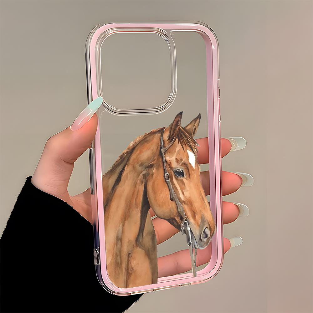 Retro Watercolor Horse Pattern Clear Phone Case For iPhone 17Air 16 15 14 13 12 11 Pro Max 14 Plus 2 In 1 Candy Color Soft Cover