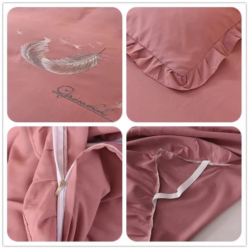 4pcs/set Korean Feather Embroidered Bed Skirt Bedding Set Female Princess Style Solid Color Double Sheet Quilt Cover Pillowcases Set