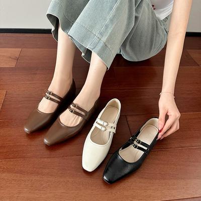 Spring and Summer New High-end Retro Square Head Shallow Mouth Single Shoes Women's Soft Leather Thick Heel Mary Jane Shoes