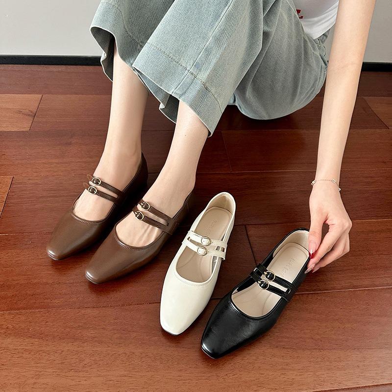 Spring and summer new high-end retro square head shallow mouth single shoes women's soft leather thick heel Mary Jane shoes