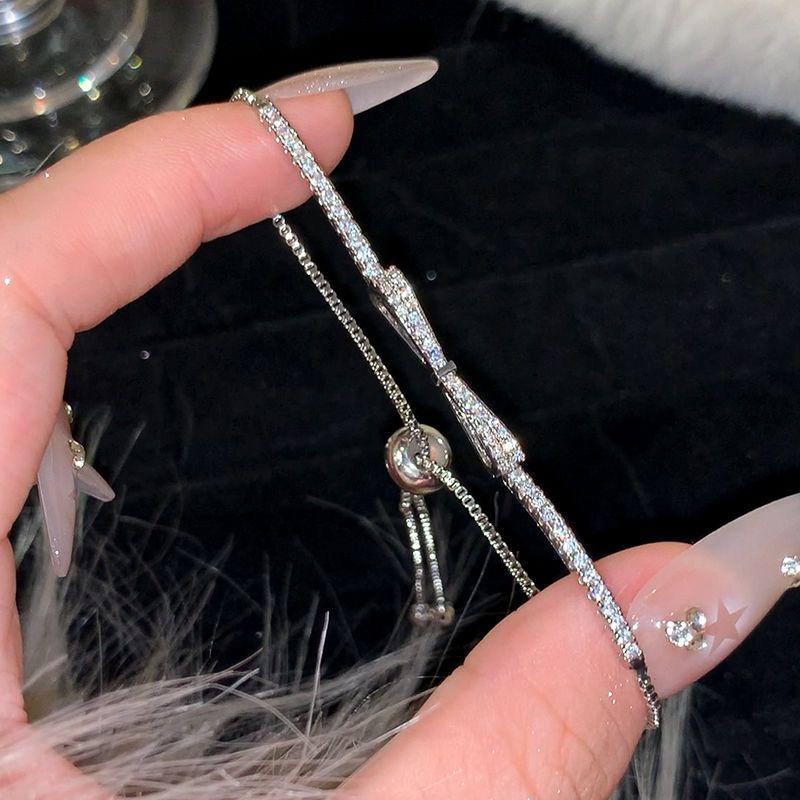 

Accessible Luxury Silver Girls Crystal Exquisite Full Rhinestone Zircon One-style Bows bracelet-pull-out