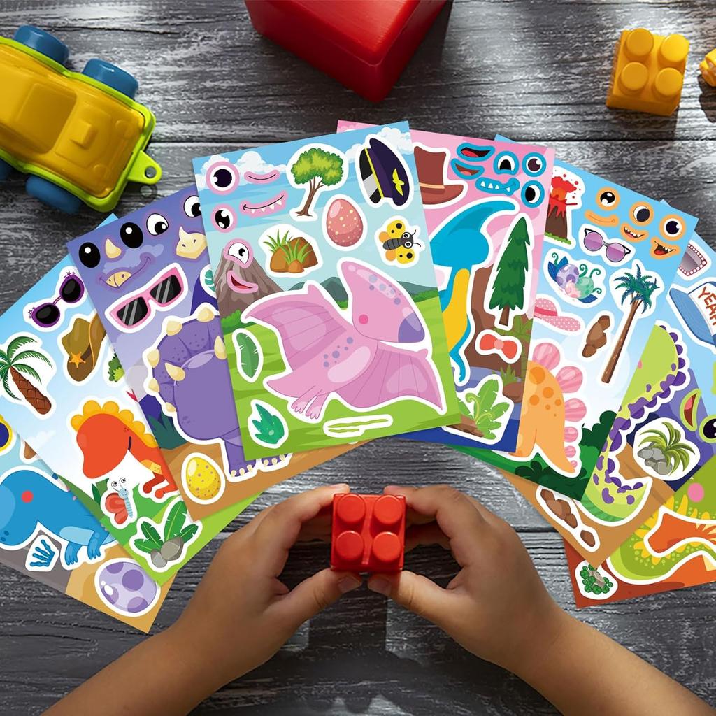 24 Sheets Dinosaur Stickers, Make Your Own Dino Stickers for Kids Boys Girls Toddlers, Make a Face Stickers Dinosaur Theme Birthday Party Favor