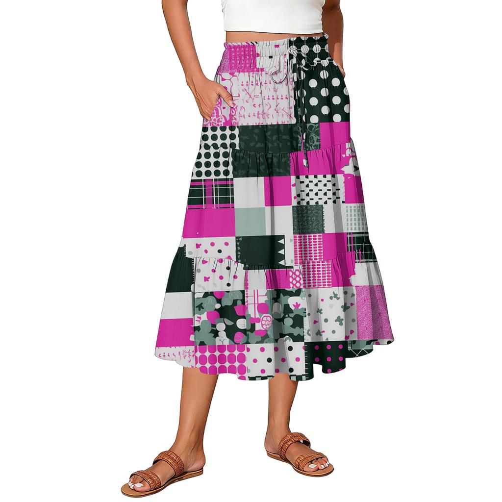 Womens Maxi Skirt Drawstring High Waisted Summer Long Skirts Lightweight Tiered Flowy Floral Pleated Skirts