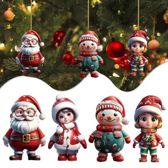 2D Acrylic Christmas Hanging Pendant Cartoon Flat Snowman Santa Car Rearview Mirror Charm for Xmas Tree Backpack Decoration Car Interior Accessories