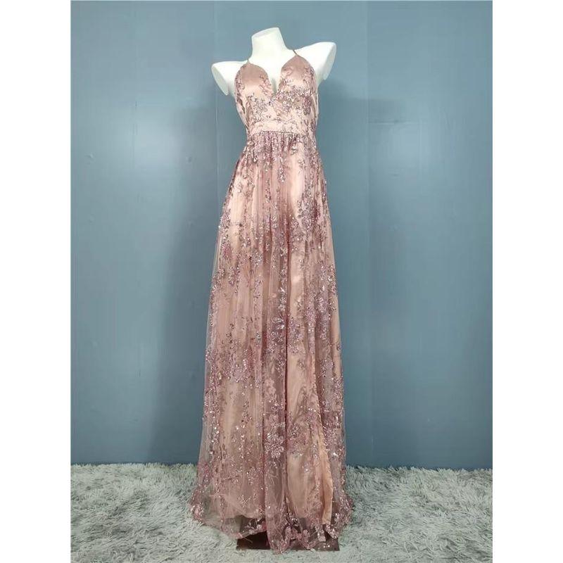 Export Single Sling Heavy Industry Shimmering Powder Sequins V Neck Classy Annual Meeting Host Banquet Birthday Party Evening Long Dress