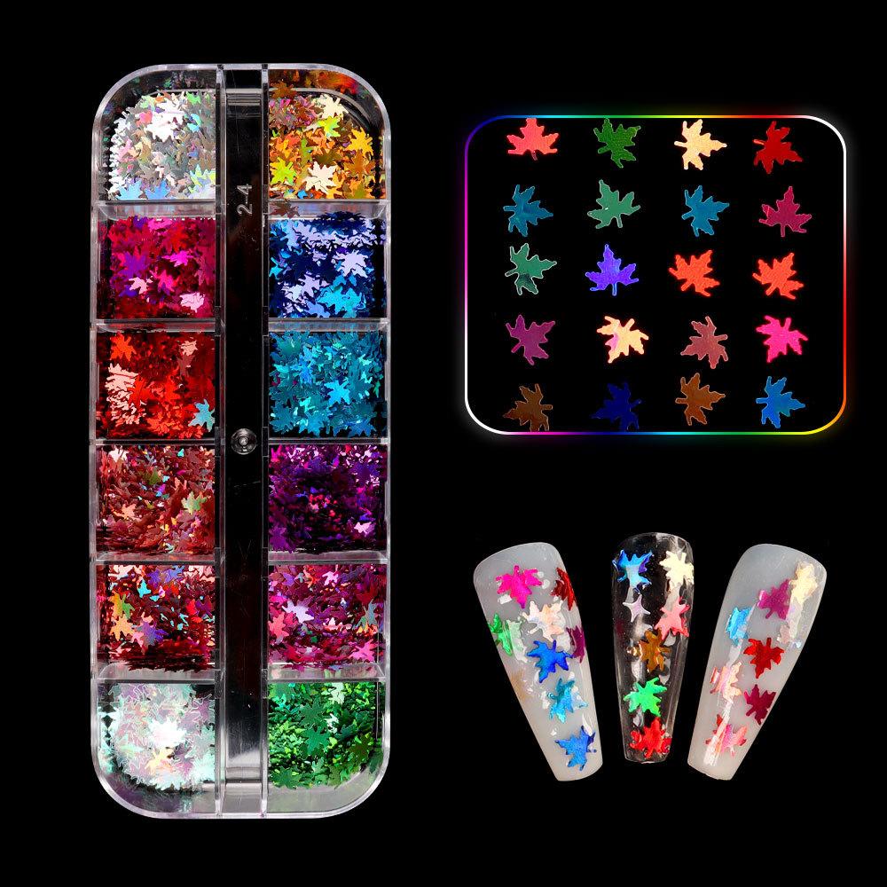 Nagelglitzer-Pailletten, 12 Gitter/Box, Zellstoff, unregelmäßige Flocken, Nagelglitzer, glänzender Laser, mehrfarbig, Nagelkunst-Dekoration