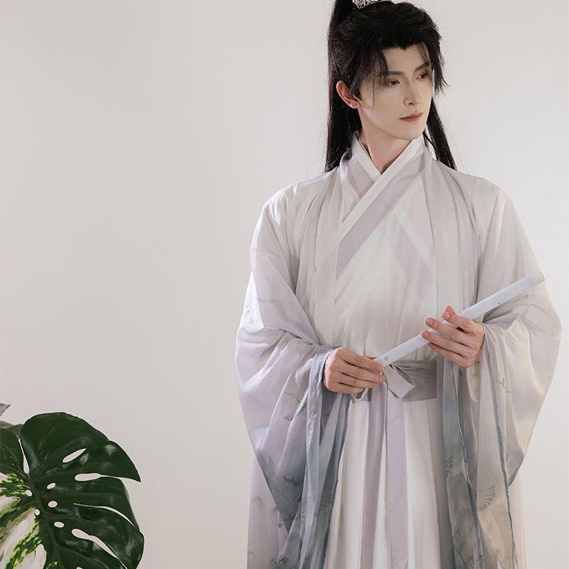 Chinese Wei And Jin Dynasty Style Hanfu Large-sleeved Shirt Ink Printing And Dyeing Suit, Daily Knight Suit
