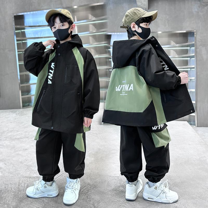Boys' Spring/Fall Set for Older Kids Hooded Windbreaker + Pants Casual Sportswear Cool & Stylish Two-Piece Set