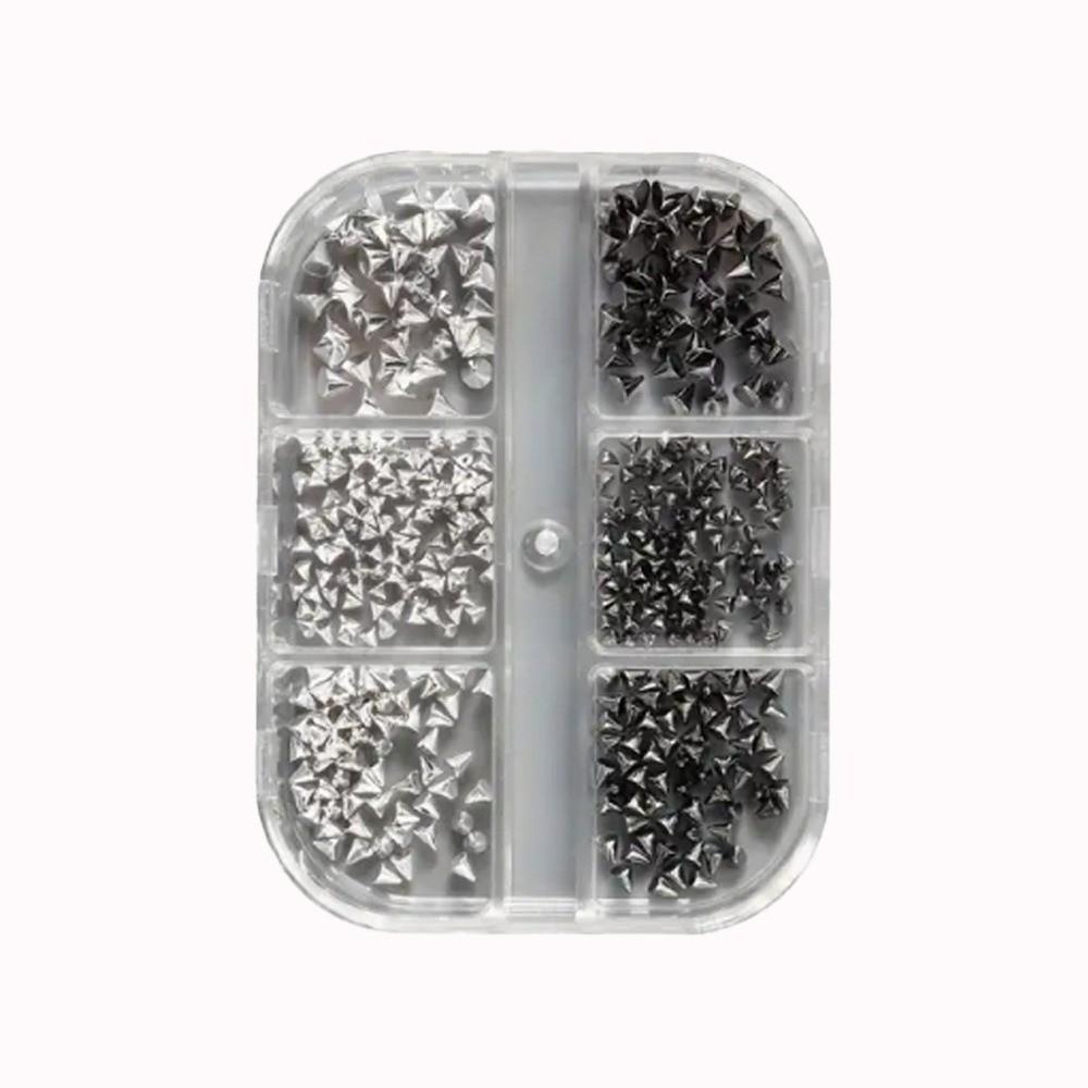 6 Grids Multi-Size Nail Art Studs Black And Silver Tone Cone Spike Nail Jewels  Punk Style Nail Art