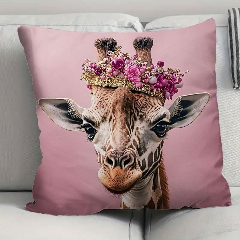 2D Flat- Royal Crown Giraffen Pink Throw Pillow Cover Luxury Animal Decorative Pillowcase For Home Sofa Bedroom