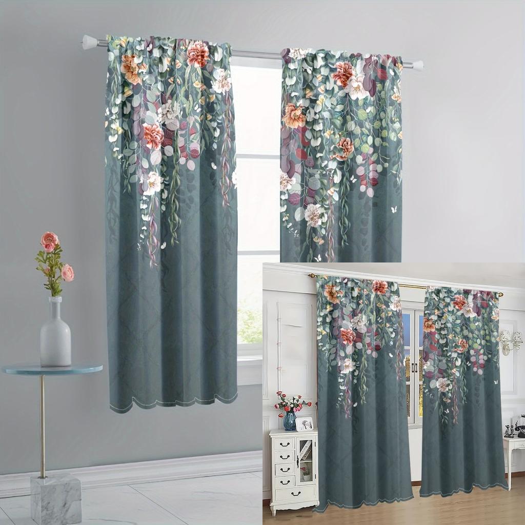 2 Stück Ganzjahres Universal Bunt Floral Blumen Romantisch Floral Digital Bedruckte Vorhänge Stangentasche Vorhang Wohnzimmer Dekor