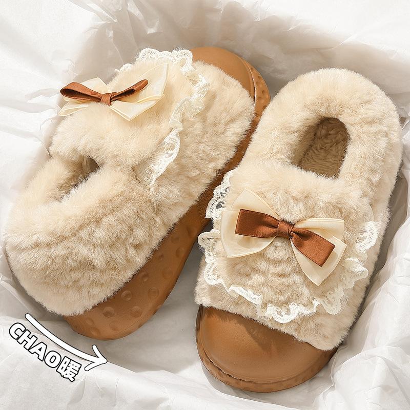 Bow Cotton Slippers Women's Winter New Indoor Home Thick-soled Warm Plush Cotton Shoes Women's Outer Wear