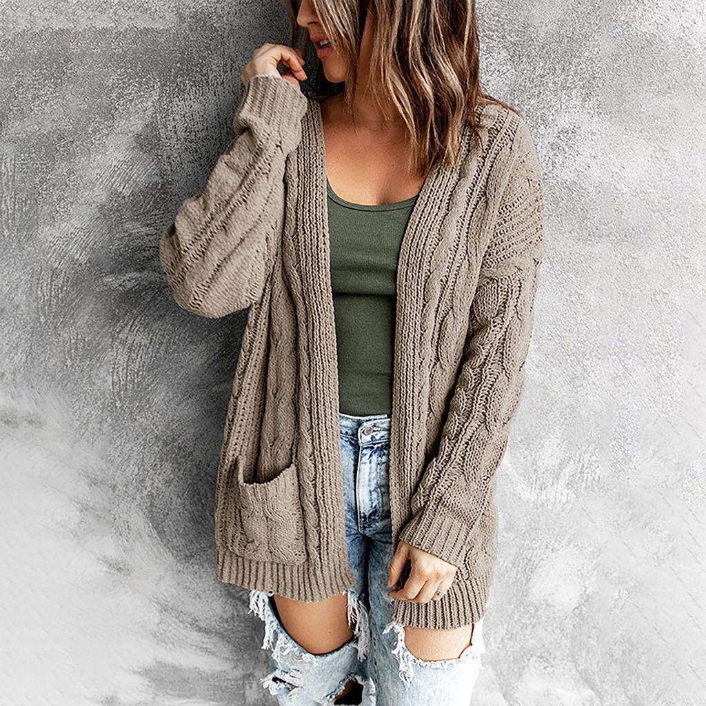 Women's Solid Color Pocket Mid Length Knit Cardigan Jacket Sweater