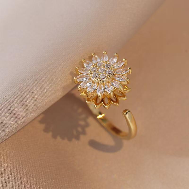 Sunflower Rhinestone Necklace & Rotatable Ring Set for Women